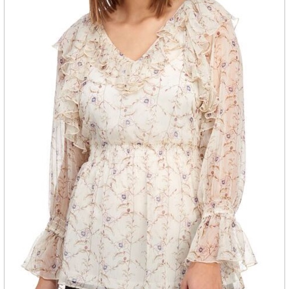 V Cristina Tops - Ruffled Long sleeve  sheer floral Blouse.